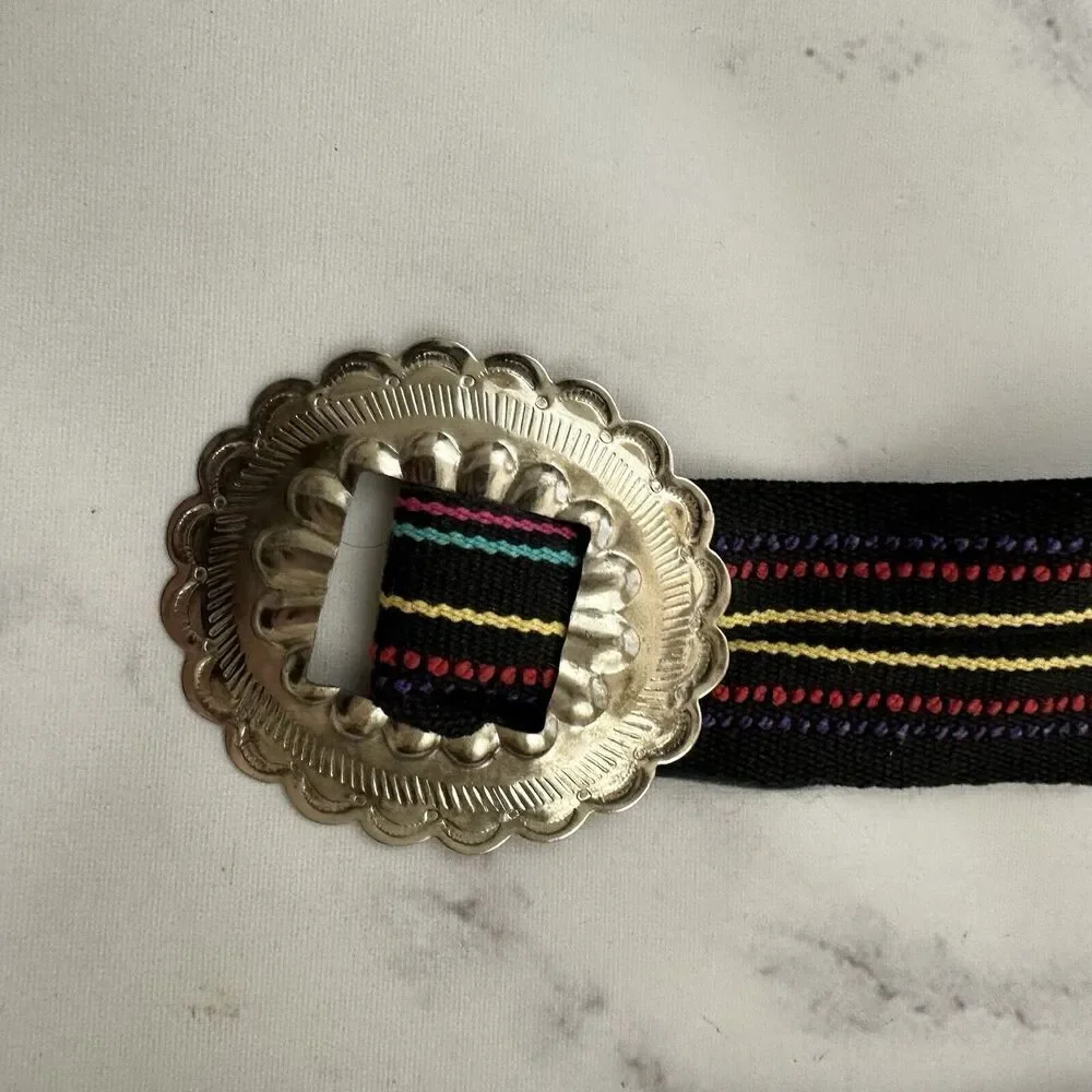 Womens Vintage Fabric Woven Belt Size M Black Colorful Stripe Tin Buckle Western